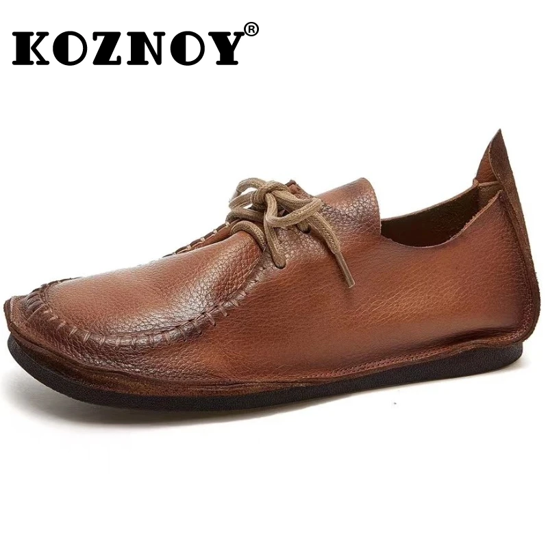 Koznoy 1cm New Ethnic Manual Suture Genuine Leather Flats Loafers Moccasins Lazy Slip on Soft Comfy Summer Women Leisure Shoes