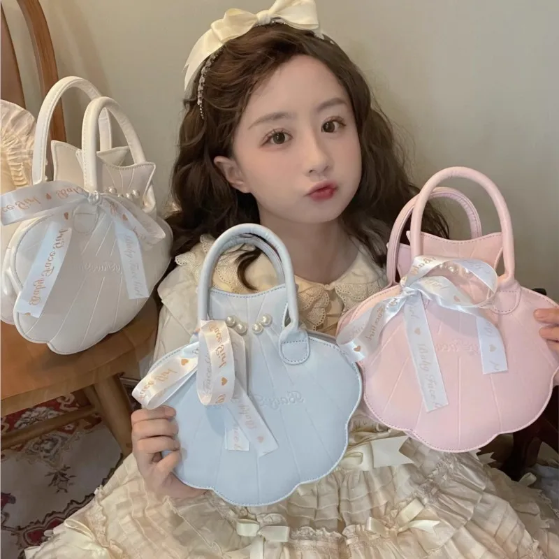 

JIAERDI Pearl Shell Handbag Japanese Lolita Aesthetic Purse Women Sweet Cute Bow Ribbon Delicate Ladies Spacious shoulder bag