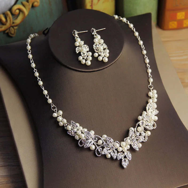 Silver Color Pearls Bridal Necklace with Earrings Gorgeous Women Prom Jewelry Sets Bride Accessories