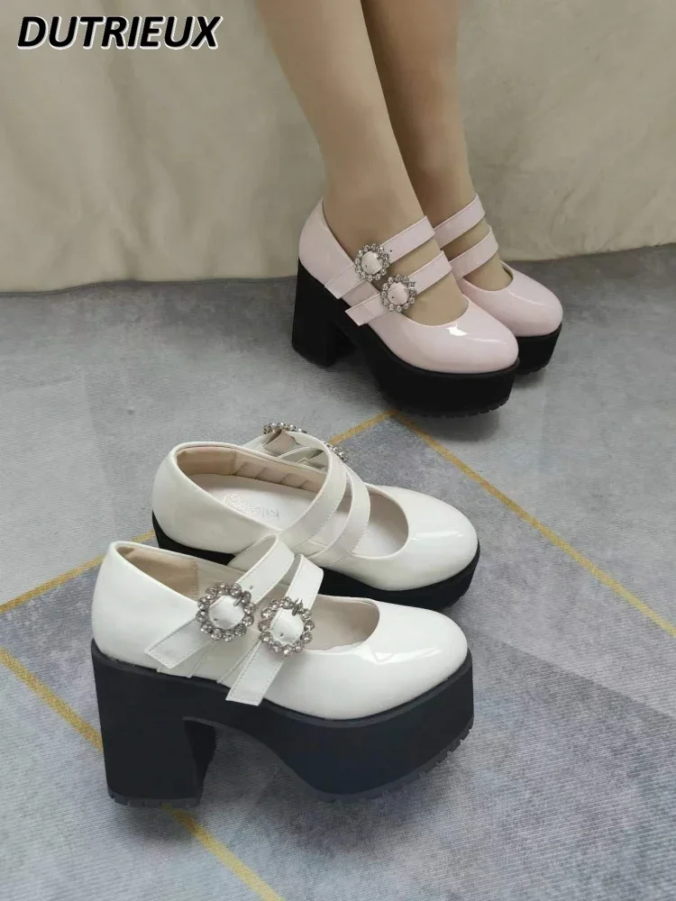 

Spring Autumn Women's Shoes Japanese Style Cute Round Toe Drill Buckle Leather Student Platform High Heels Uniform Pumps