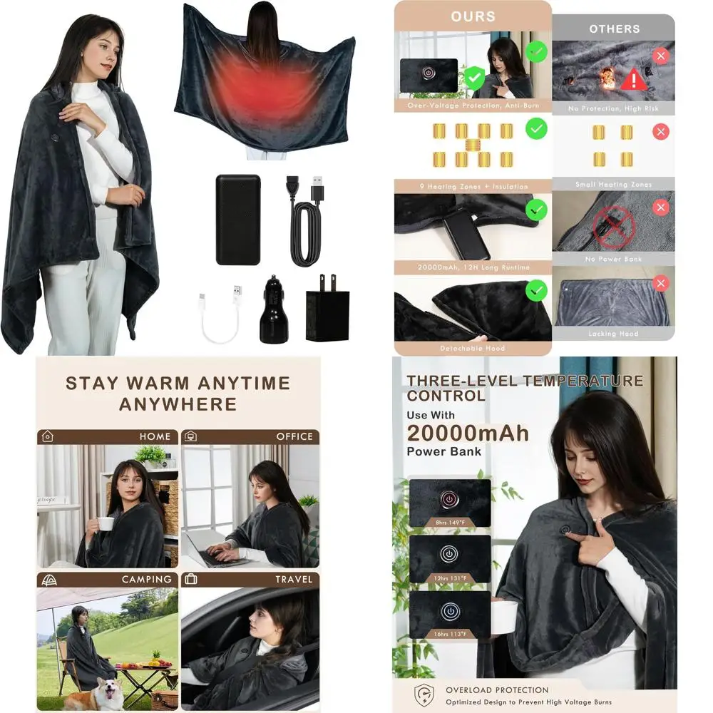 

Portable Cordless Heated Blanket with Hoodie, 3-Temperature Settings, 20000mAh Battery, Ideal for Camping and Car Use