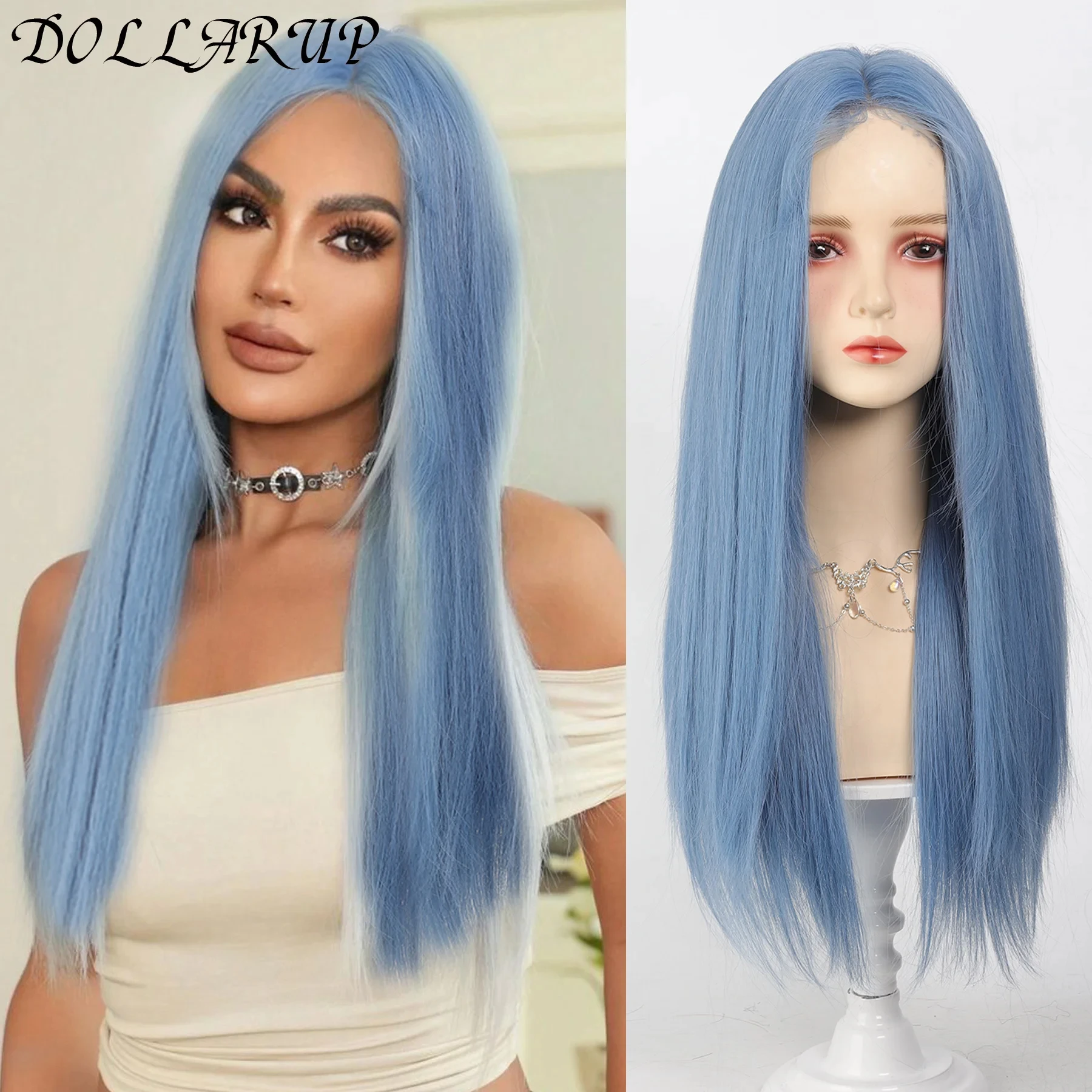 

JKL Lace Front Wig Long Straight Synthetic Wigs Light Blue with Ash Highlight Cosplay Wig with Women 、Natural Hair Heat Resista