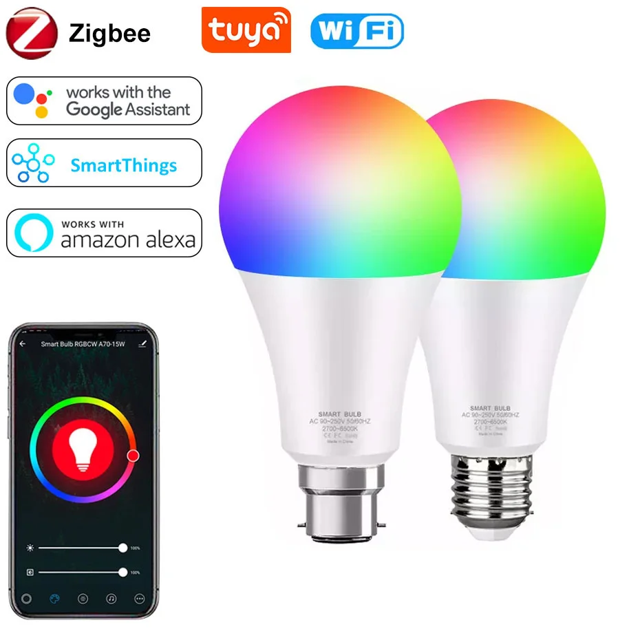 

Zigbee Smart Light Bulb / Tuya Wifi Bulb RGB 12W 15W Color Changing LED Light E27 B22 110V 220V APP Compatible Alexa Google Home