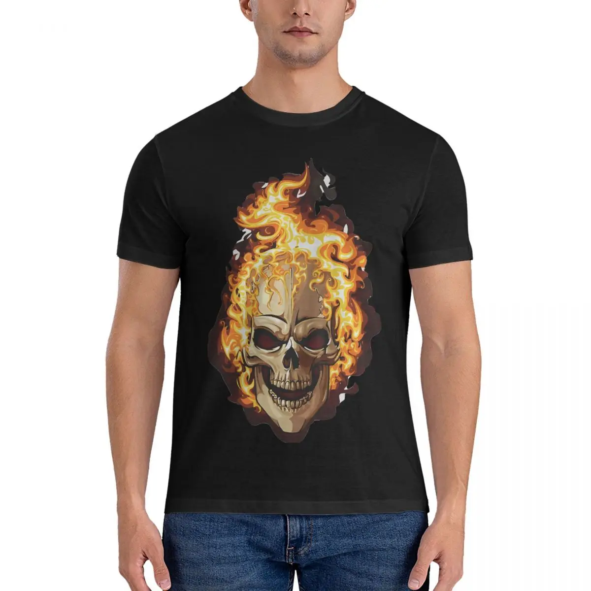 Flame T Shirt Men Cotton Creative T-Shirt Crewneck Ghost Rider Tees Short Sleeve Clothes Gift tops fugees official-website