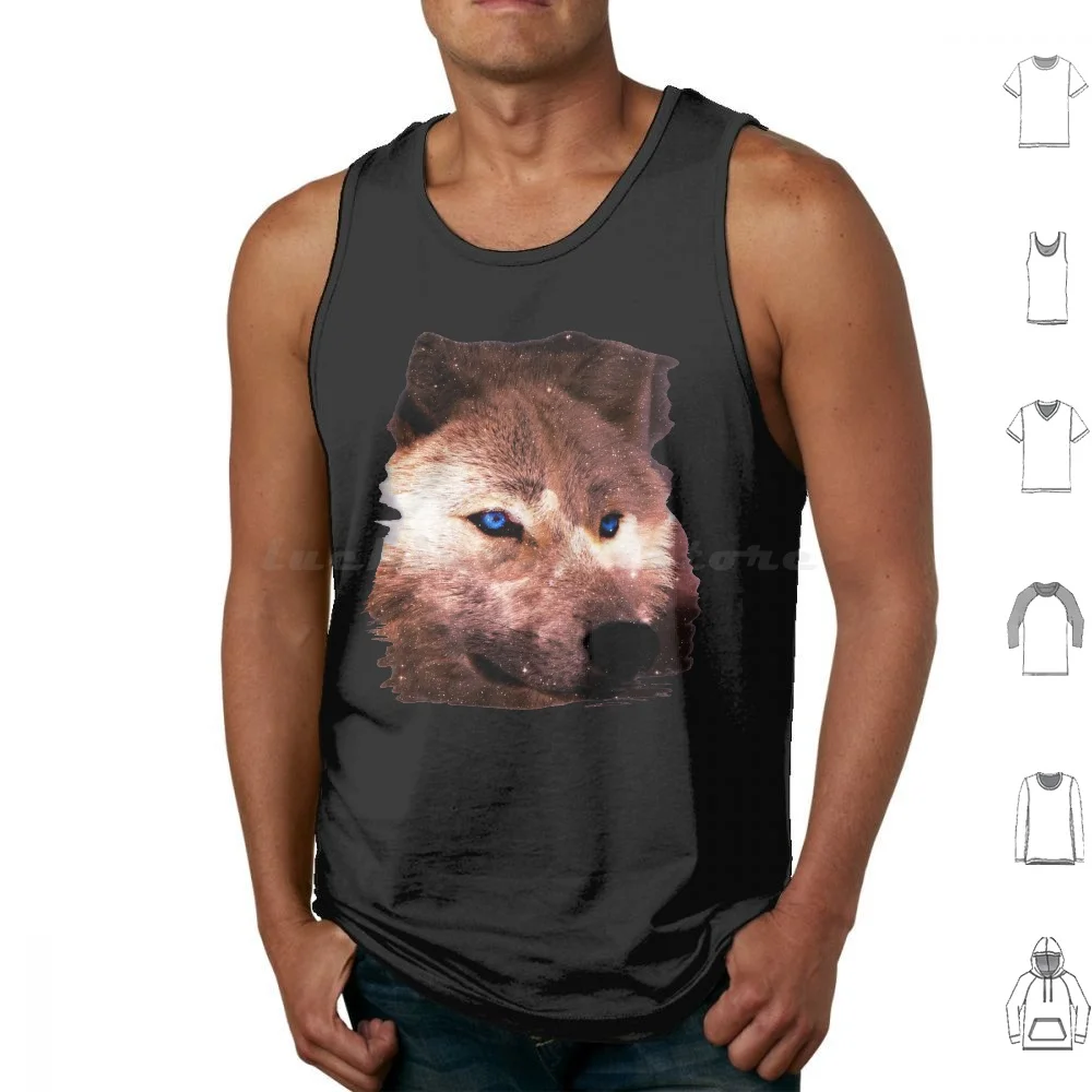 Camisetas sin mangas con diseño de lobo de la galaxia de ojos azules, lobo, universo, galaxia, estrellas, ojos azules, ciencia ficción, cosmos místico, cielo, espacio