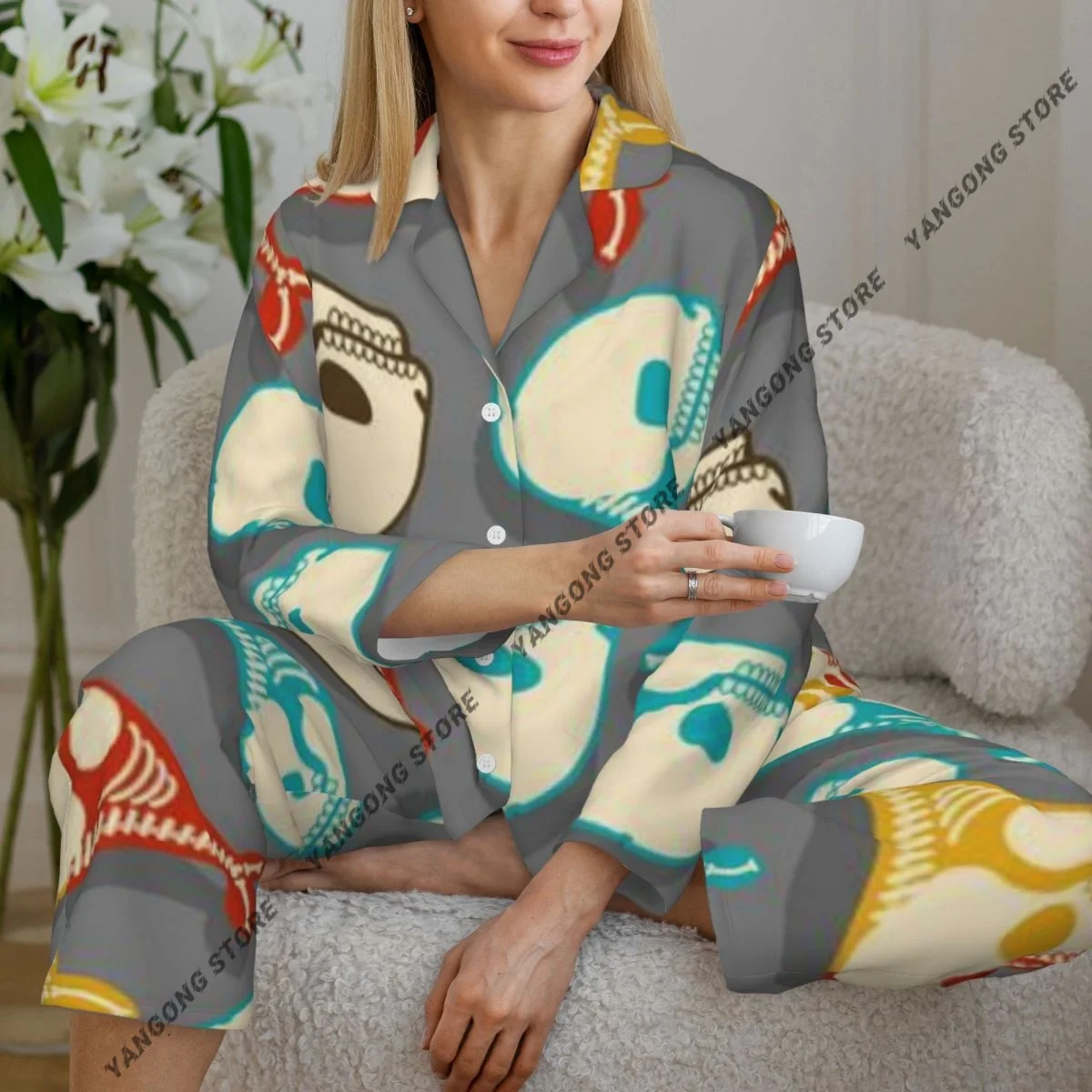 Women Sleepwear Pajamas Whale Skeleton Pattern Long Sleeve Pijama Female Set Negligee Cardigan Suit