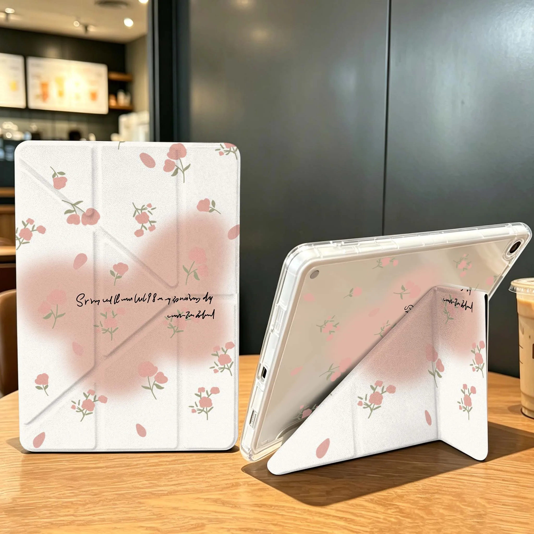 Cartoon Pink Rose Case For Samsung Galaxy Tab A9 A8 A11 S6 S7 S8 S9 S10 FE Plus Lite Transparent Y-Shaped Folding Tablet