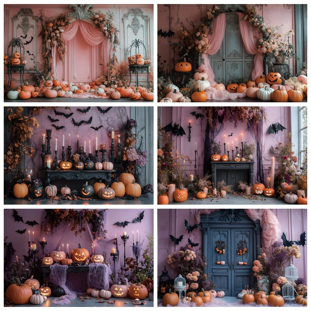 Halloween Decoration Backdrops Photography Wooden Door Pumpkin Floral Autumn Thanksgiving Birthday Party Background Photo Studio