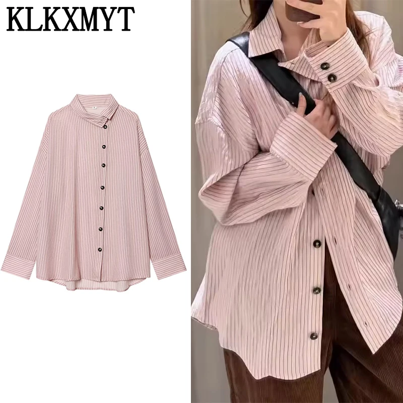 

KLKXMYT Women's Shirt 2026 Spring New Fashion Pink Striped Long Sleeve High Neck Loose Shirts And Blouse Streetwear Casual Tops