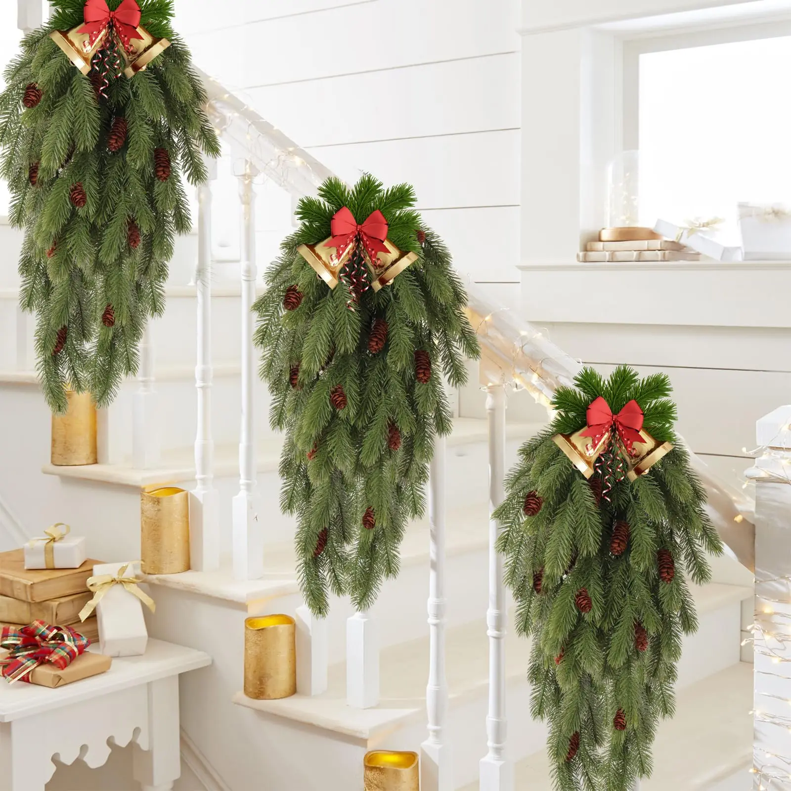 1 Stück künstliche Tannennadeln zum Aufhängen, Ranke mit künstlichem Tannenzapfen aus Kunststoff, künstliche Pflanzen für Weihnachtsfeier, Zuhause, drinnen und draußen – Detail 4