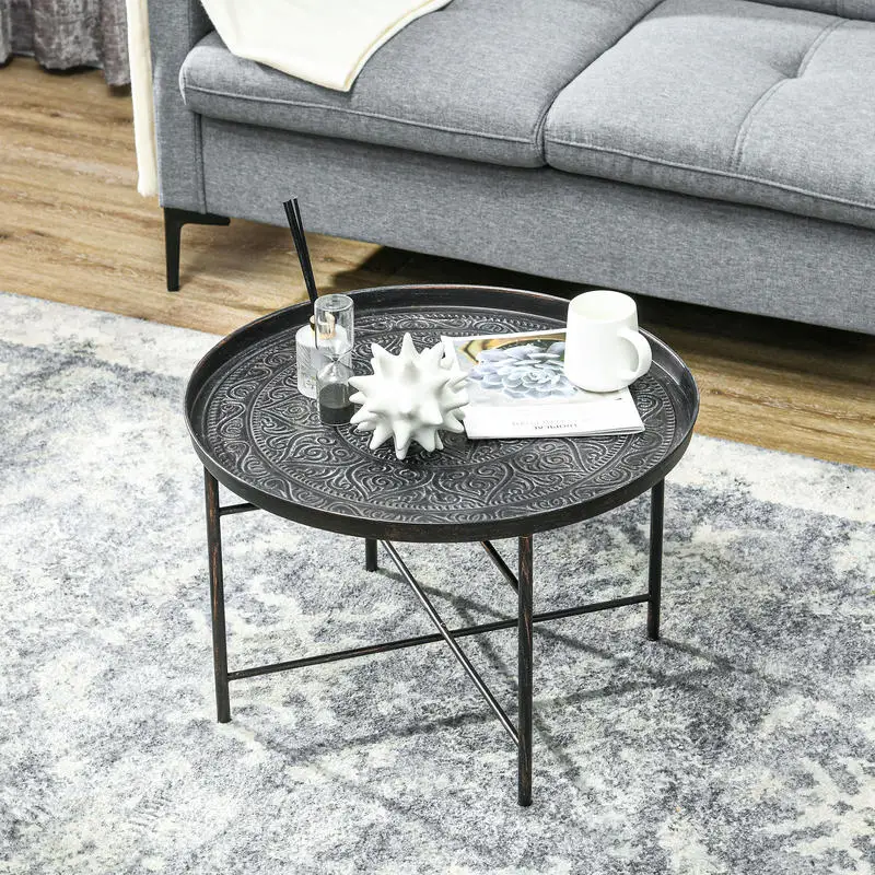 

Coffee Table for Living Room, 24" Round Center Table with Hammered Tray Top and Metal Frame for Bedroom, Pewter