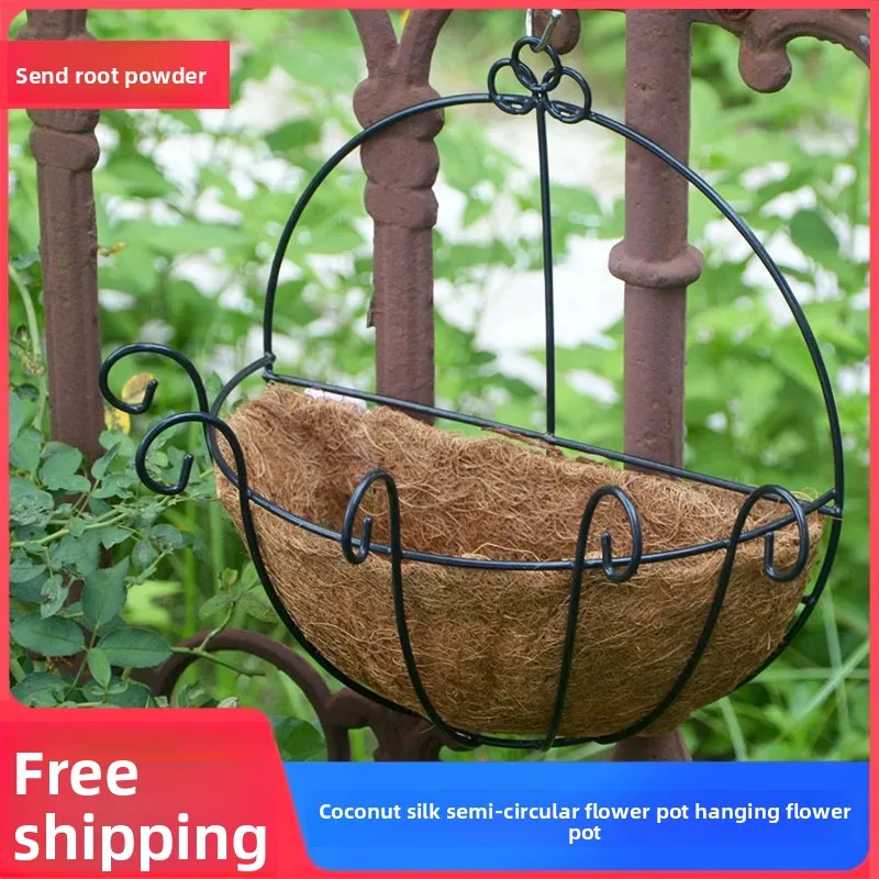 Coconut Fiber Hanging Planter, Semi-Circular Hanging Basket, Breathable Iron Art Flower Pot, Suspended Basket for Garden Use