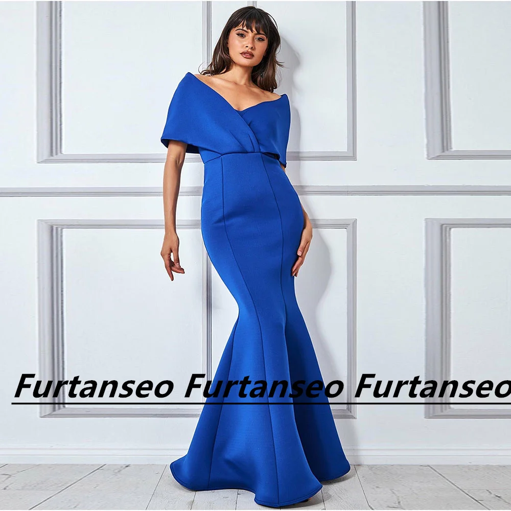 

Sexy Jersey Evening Dress Off The Shoulder V-Neck Zipper فساتين الحفلات Short Sleeve Draped Brush Train Mermaid Vestidos De Gala