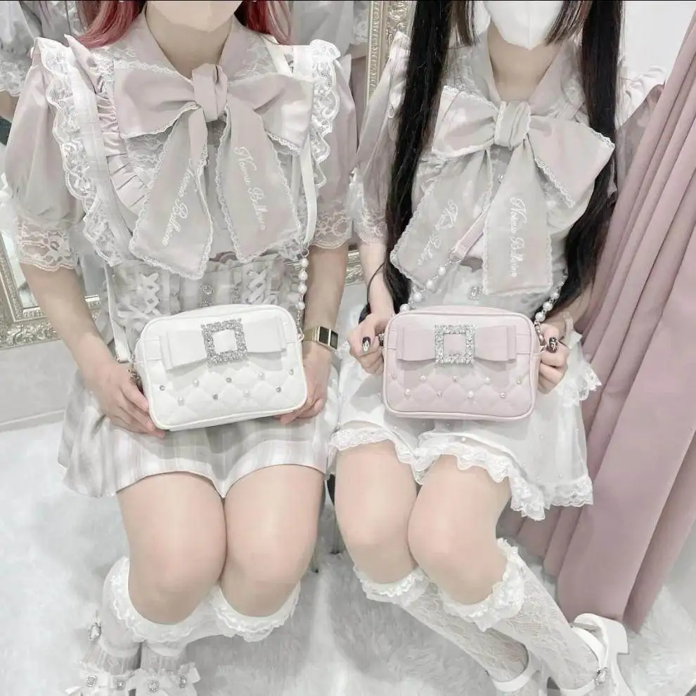 

Japanese Bud Series Mass Production Lolita Bow Pearl Rhinestone Small Square Bag Sweet and Cute Shoulder Crossbody Bag for Women