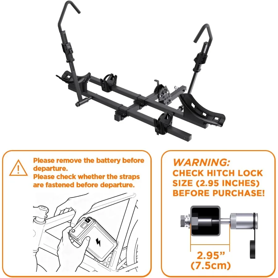 رفوف الدراجة لـ Ebikes رف الدراجة ذو الإطارات الدهوية لدراجة Tow Hitch 2Bike سعة 200 رطل منصة إمالة ذكية لـ EBikes القياسية يناسب 2