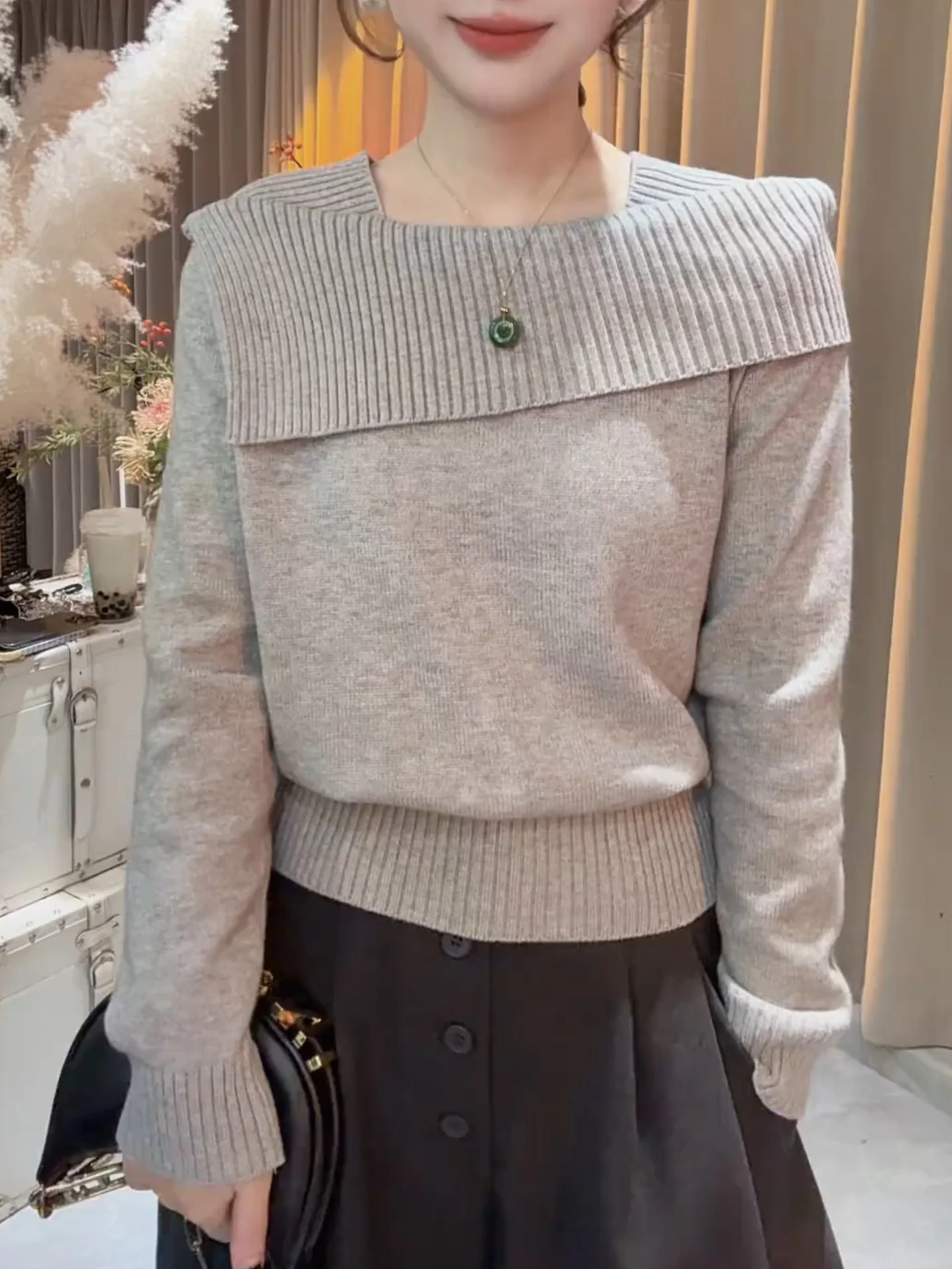 

Ele ey Asymmetric Knitwear Women's Long Sve Square Collar Slimming Sweater High-End Feeling Korean Sle Casual Wear