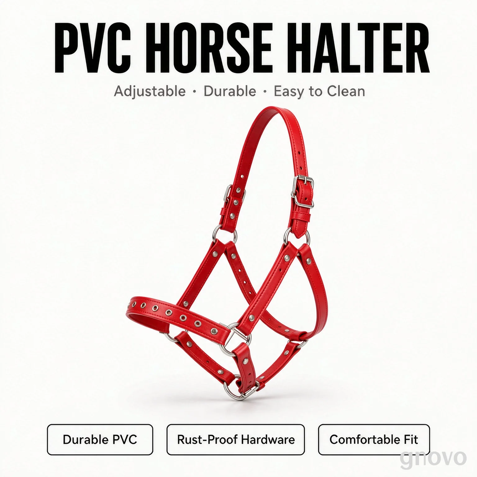 Adjustable PVC Horse Halter with Silver Hardware, Waterproof Durable Noseband Headcollar for Horse Pony Foal Red