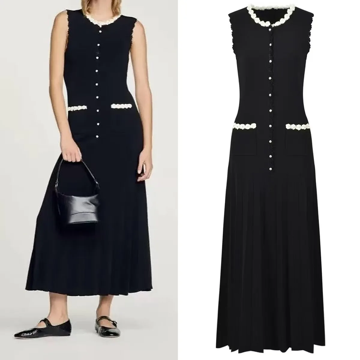 

Ladies 2025 Summer Black Sexy Sleeveless O-neck Single Breasted Knit Dress Women Green Elegant Slim Fashion Pleated Long Dresses