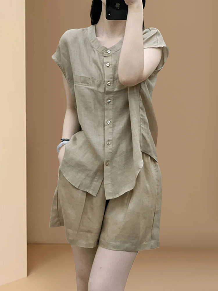 Women's Summer Linen Set Sleeveless Casual Fashion Short Sleeve Shorts Two-Piece Suit round Neck Button-Up Top Bottoms