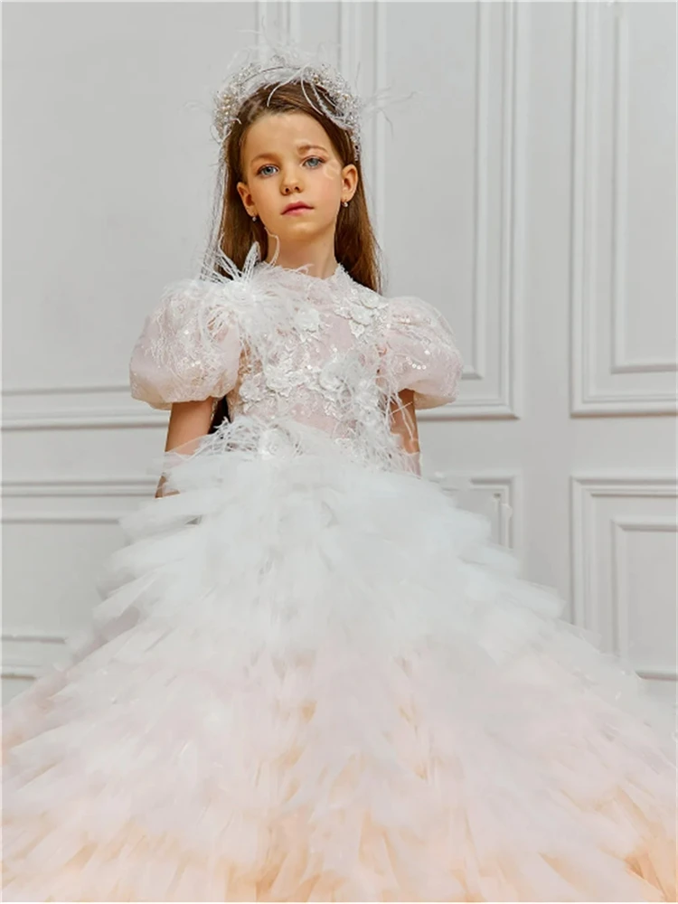 Gorgeous First Communion Dresses  Fluffy Tulle Lace Layered Printing Flower Girl Dress Princess Ball Surprise Birthday Present