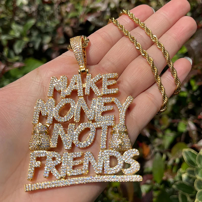 Hip Hop 5A+ CZ Stone Bling Iced Out Make Money Not Friends Letters Pendants Necklace for Men Rapper Jewelry Rose Gold Color