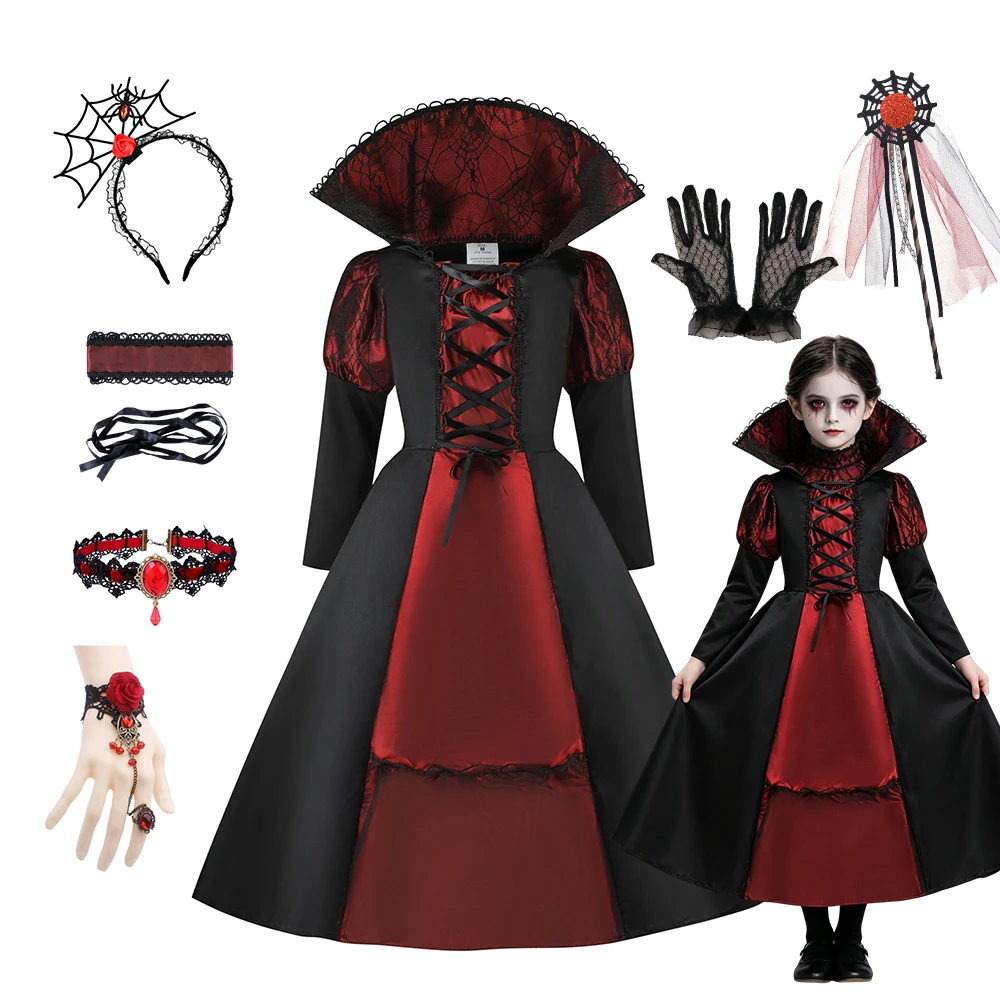 Girls Cosplay Costume Dress Kids Gothic Vampire Role Play Outfit Black Red Satin Dress for Halloween Dress Up Party