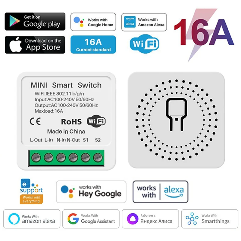 와이파이 스마트 양방향 DIY 스위치 회로 차단기 타이머 지지대, 알렉사, 구글 홈 앨리스, 스마트싱스, 스마트 홈, 16A 