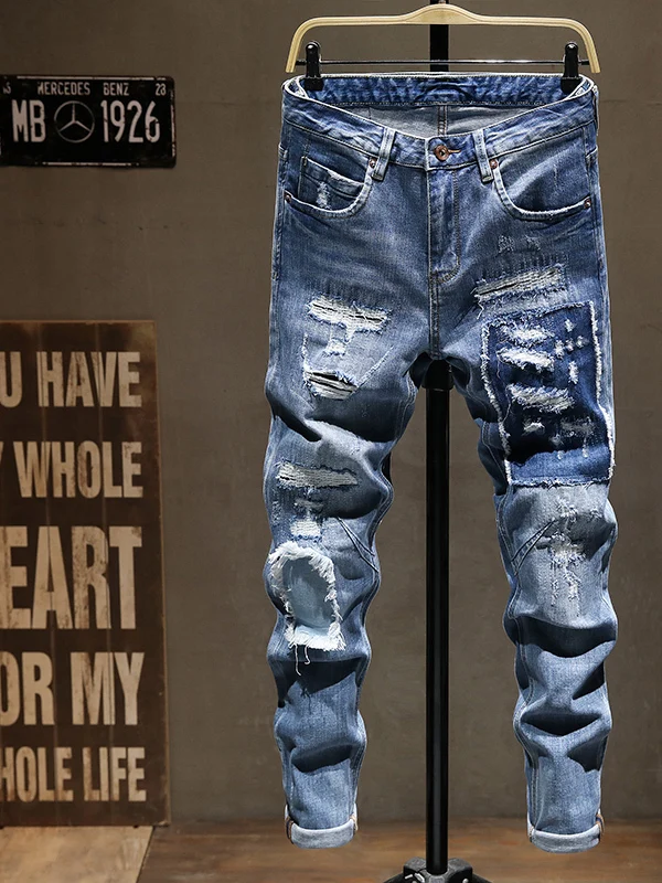 

Trendy Men's Slim Fit Jeans with Patchwork And Embroidery Ripped Casual Long Trousers Cotton Stretch Denim mid Waist Zipper