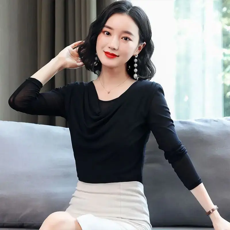 Spring Autumn New Net Yarn Slim Bottoming Shirt Long Sleeve Pleated Solid Color Thin Tops Tees Vintage Office Women Clothing