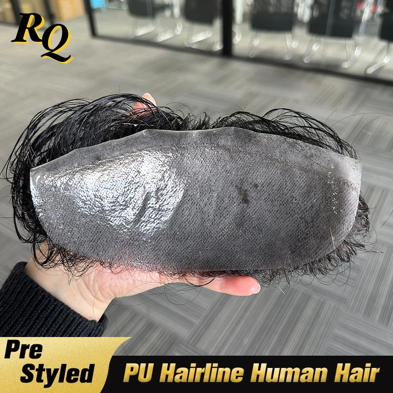 رقيقة الجلد الطابق السفلي قبل تصميم الرجال أمامي الشعر المستعار شعر بشري حقيقي شعري بولي PU الاصطناعية الذكور الجبين الخامس حلقة خط الشعر الأمامي #5