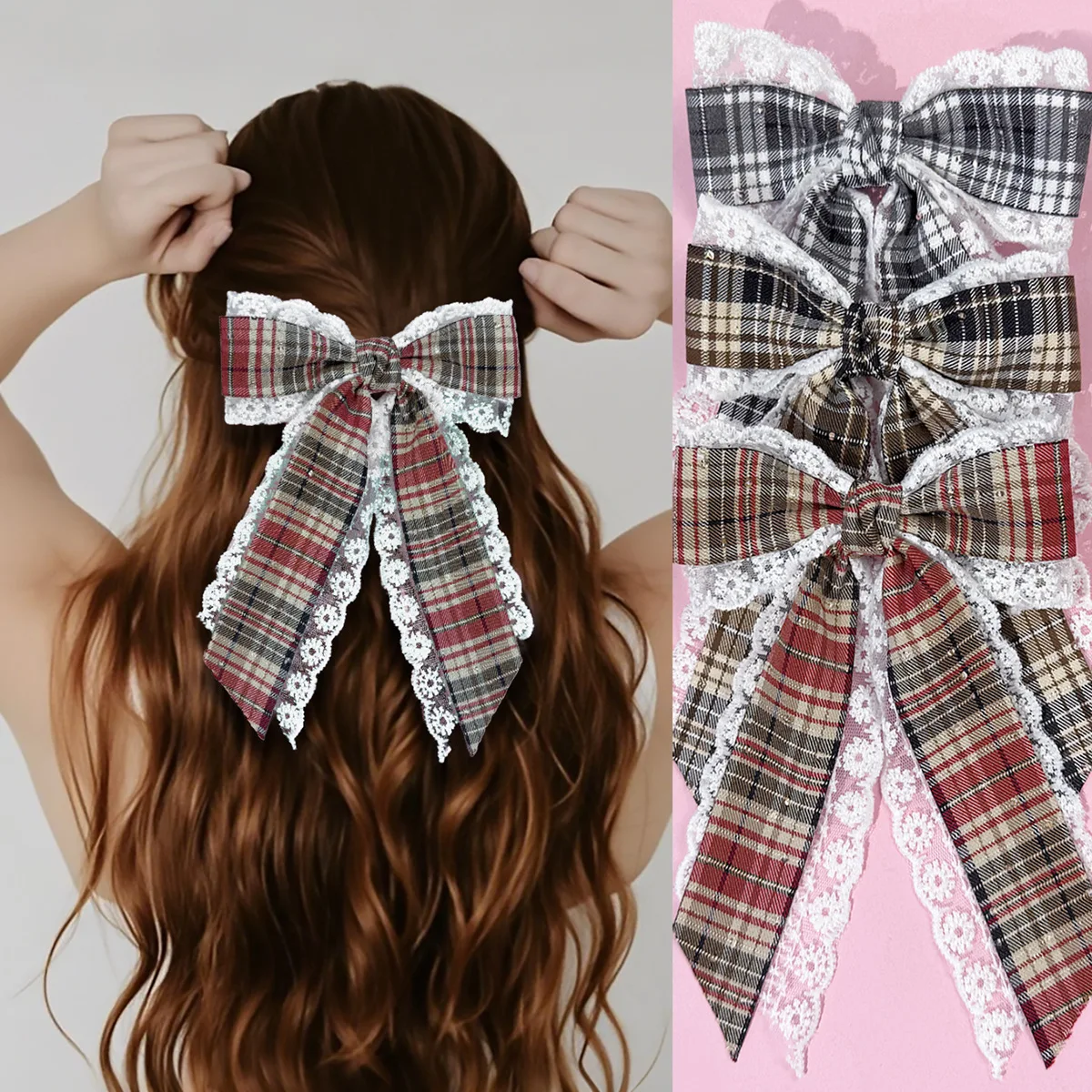 

20 Pcs/Lot, 6.1" French Vintage Plaid Fabric Lace Ribbon Bow Hair Clips For Women Girls' Hairpins Ponytail Clip Hair Accessories