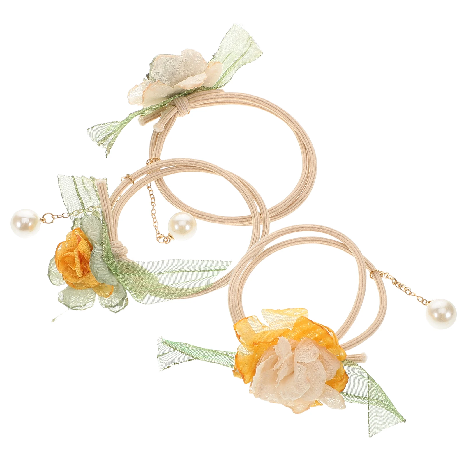 

3pcs Elastic Hair Ties Versatile Floral Pearl Accessories for Women Boho Stretchy Bands Hairline Headband Green Yellow