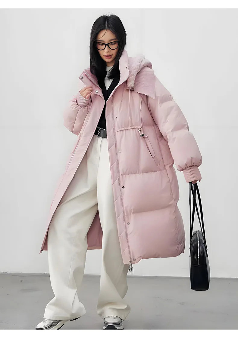 90% Duck Down Long Hooded Oversize Quilted Coat with Rib-Knit Cuffs for Daily Wear and Commuting Women's Winter Down Jacket 2026