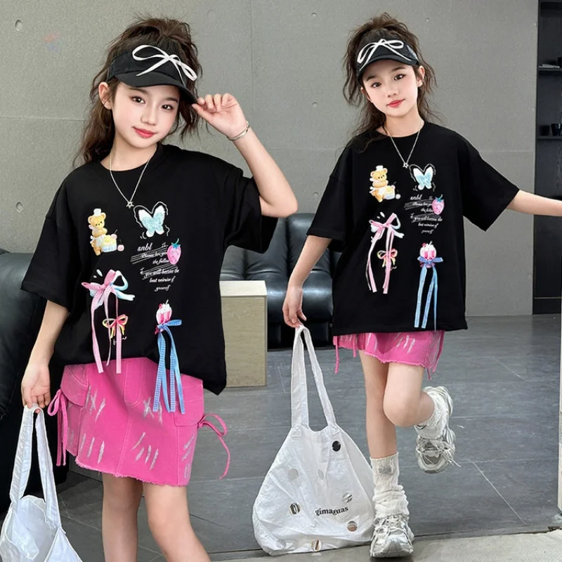 الفتيات الصيف المطبوعة قصيرة الأكمام مجموعة تي شيرت في سن المراهقة كعكة تنورة للأعمار 7-14 قطعتين مجموعة الأطفال مجموعة #1