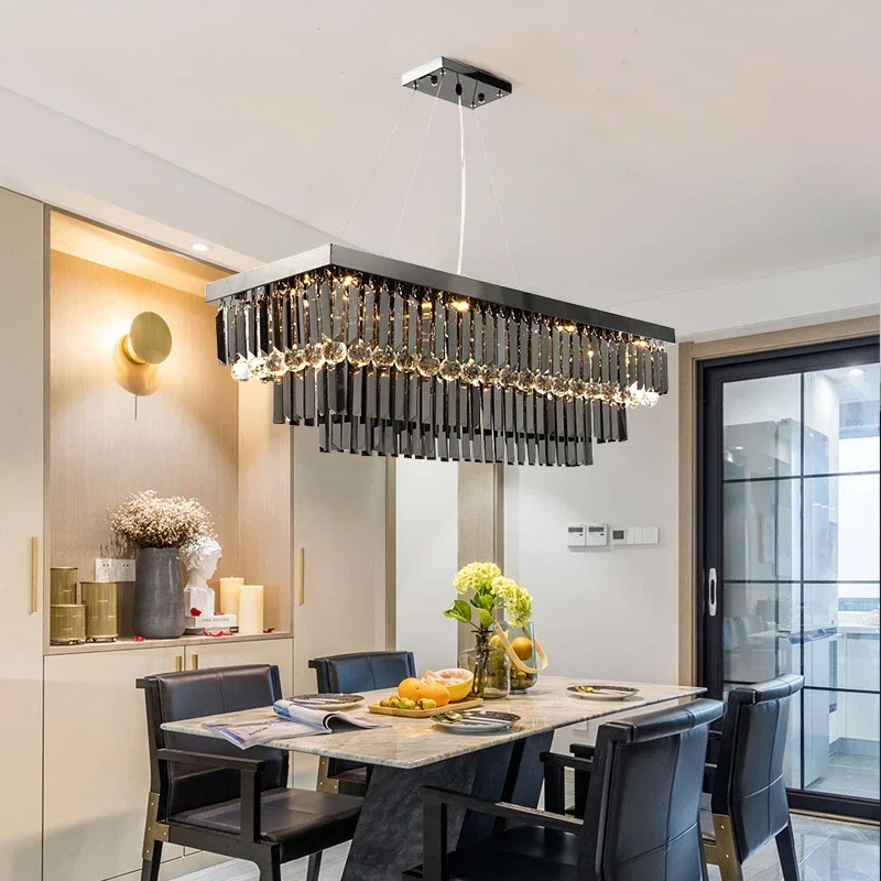 Modern black crystal chandelier for dining room rectangle kitchen island suspension cristal lamps luxury home decor led light