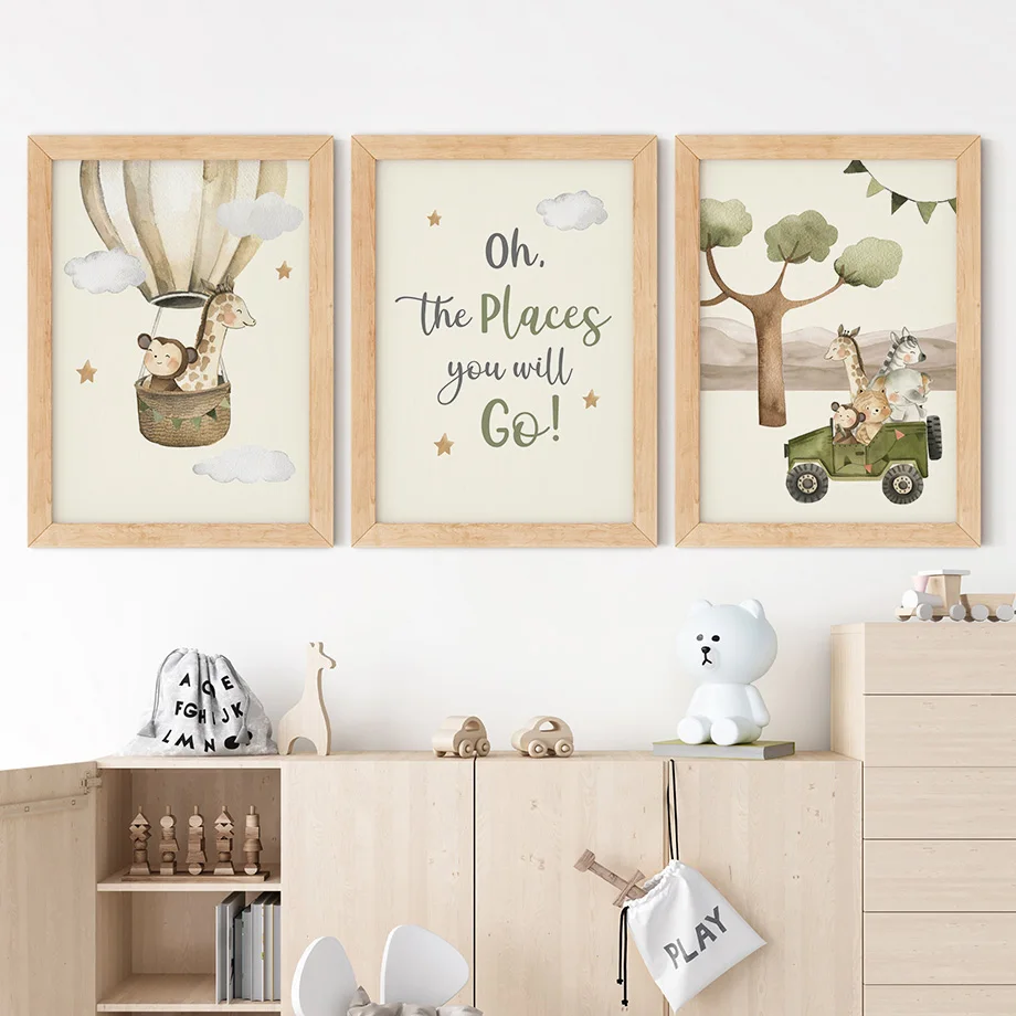 Jungle Animal Giraffe Lion Hot Air Balloon Airplane Wall Art Canvas Painting Posters And Prints Picture For Baby Kids Room Decor