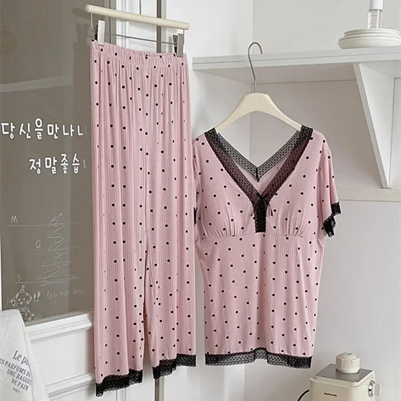 

Polka Dot Comfort Pajamas For Women V Neck Short Sleeve Shirt Trousers Sets Lace Night Wear Sleepwear Woman Home Clothes