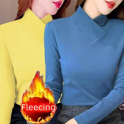 Sweet Elegance Spring Winter Fleecing Thick Velvet Basic Tops Half High Collar Shirt And Blouse Long Sleeve T-shirt for Women