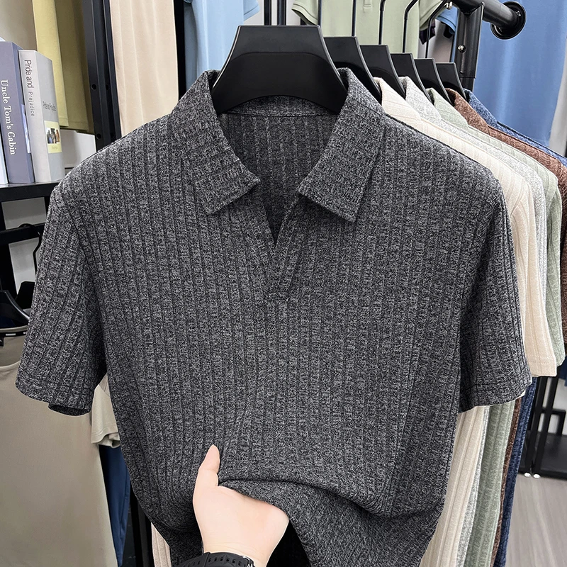Herren Atmungsaktives Strick-Poloshirt Kurzarm V-Ausschnitt Gestreifter Stoff Bequem Leichtgewichtig Lässig Business Tägliche Kleidung – Detail 14