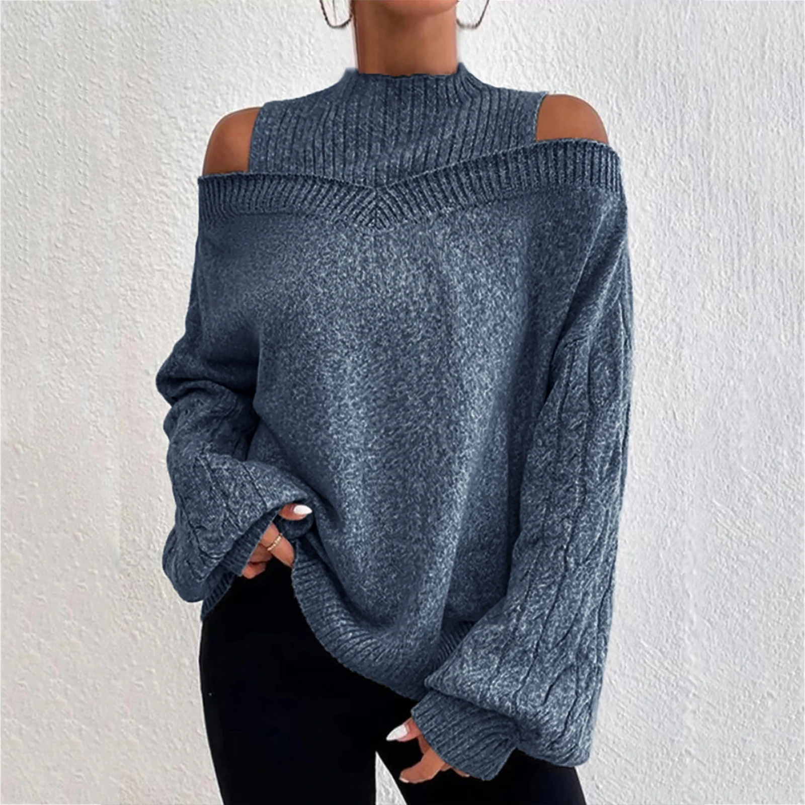 

Women'S Fashion Cold Shoulder Sweater Autumn Winter Mock Neck Cable Knit Pullover Loose Solid Color Long Sleeve Knit Top