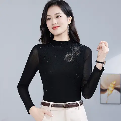 봄 가을 여성 긴팔 하의 셔츠 반하이넥 플로럴 자수 탑 패치워크 다이아몬드 메쉬 티셔츠