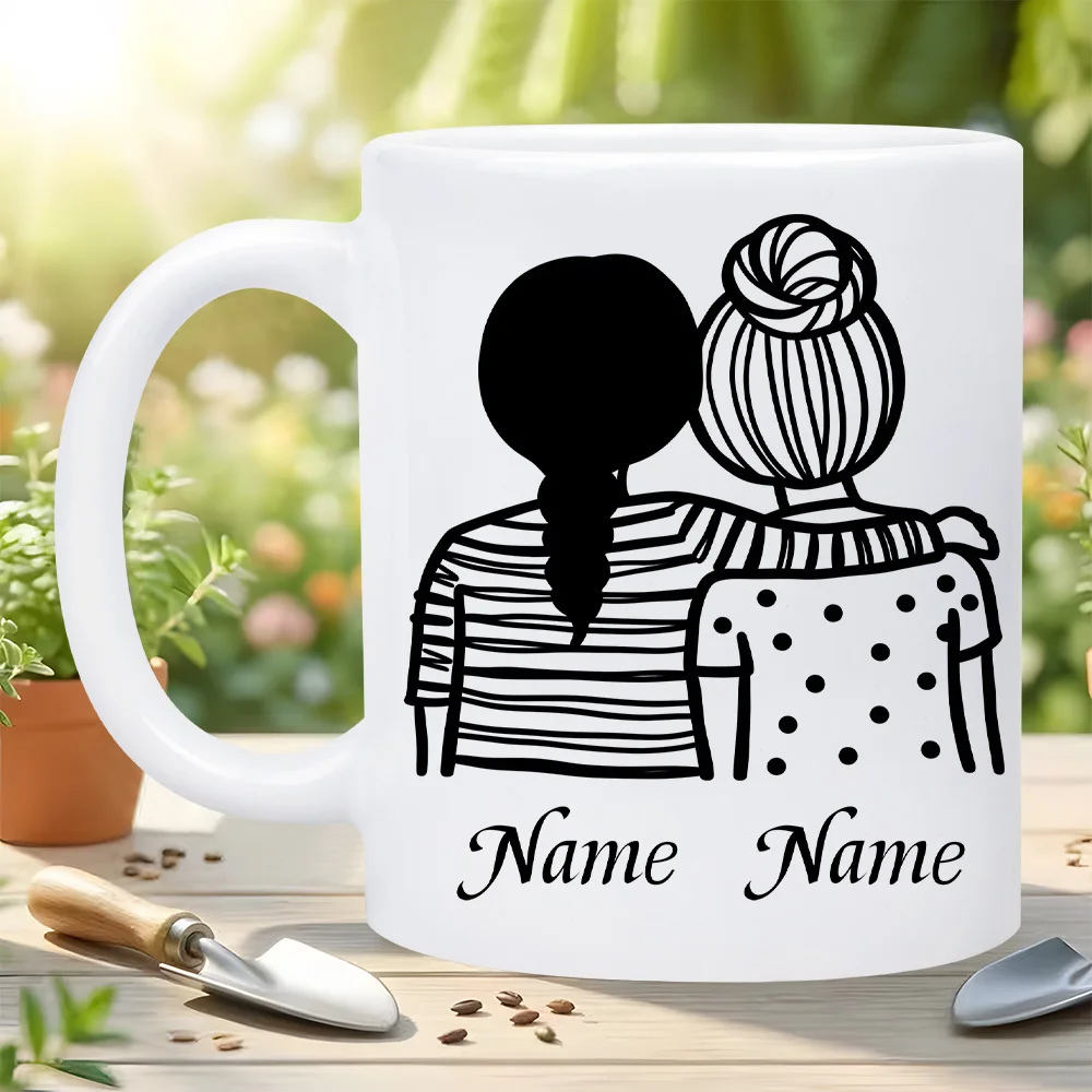 

1 "Custom Name Friend Silhouette" 11oz Ceramic Mug | Insulated Reusable Coffee Mug with Double Custom Name and Girl Silhouette