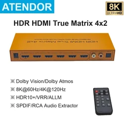 8K HDMI-compatible 2.1 Matrix 7.1 Audio Extractor Switch Selector 4 Port Splitter SPDIF 5.1 2CH ARC ALLM HDR10+ Dolby Vision