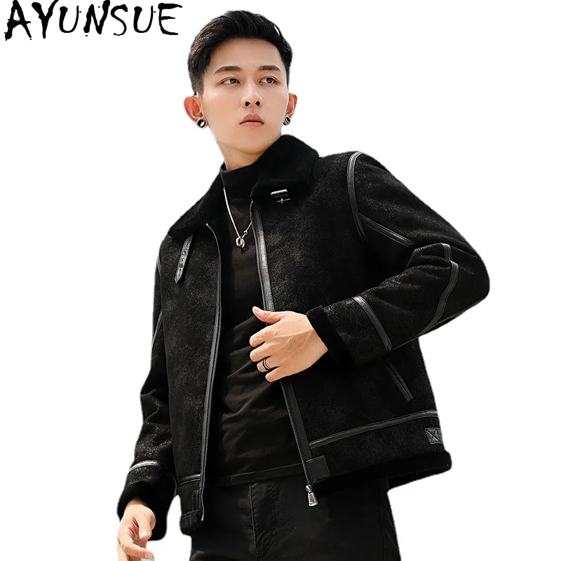 

AYUNSUE Genuine Leather Jacket Men Winter Sheepskin Coat Short Vintage Shearling Jacket Men's Real Wool Fur Coat 036 KJ3853