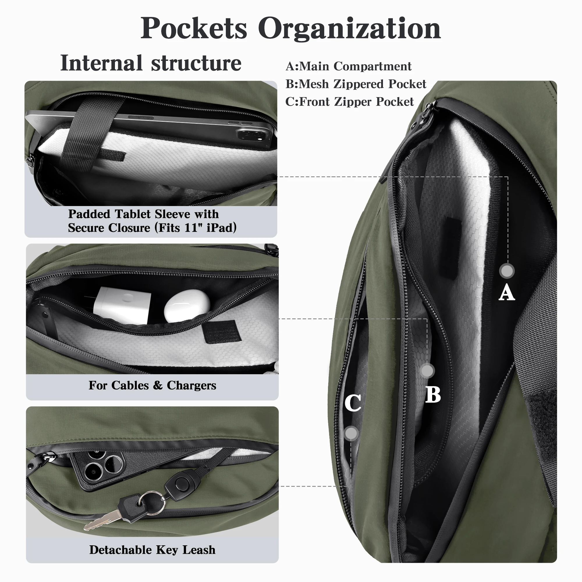 Outdoor Crossbody Bag Fashion Chest Bag For Men Sling Backpack Sports Shoulder Bag With Water Bottle Pocket Fits 11" Tablet