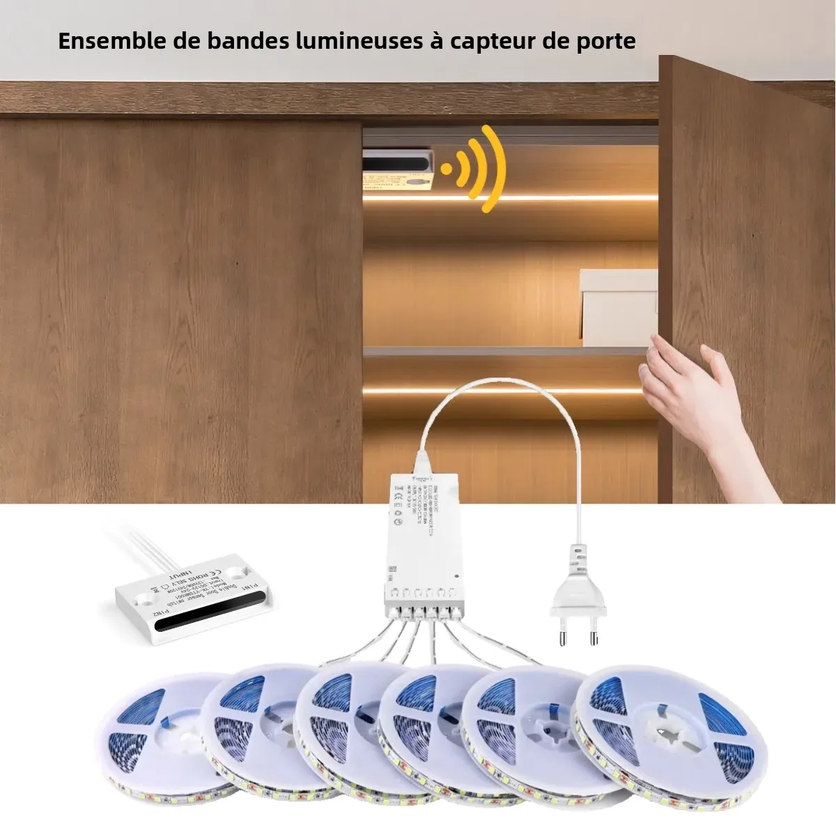 Bande lumineuse LED intégrée, ensemble de 5 ou 3 pièces, avec interrupteur à capteur d'ouverture/fermeture de porte intelligente, pour armoire, vitrine, vitrine, armoire