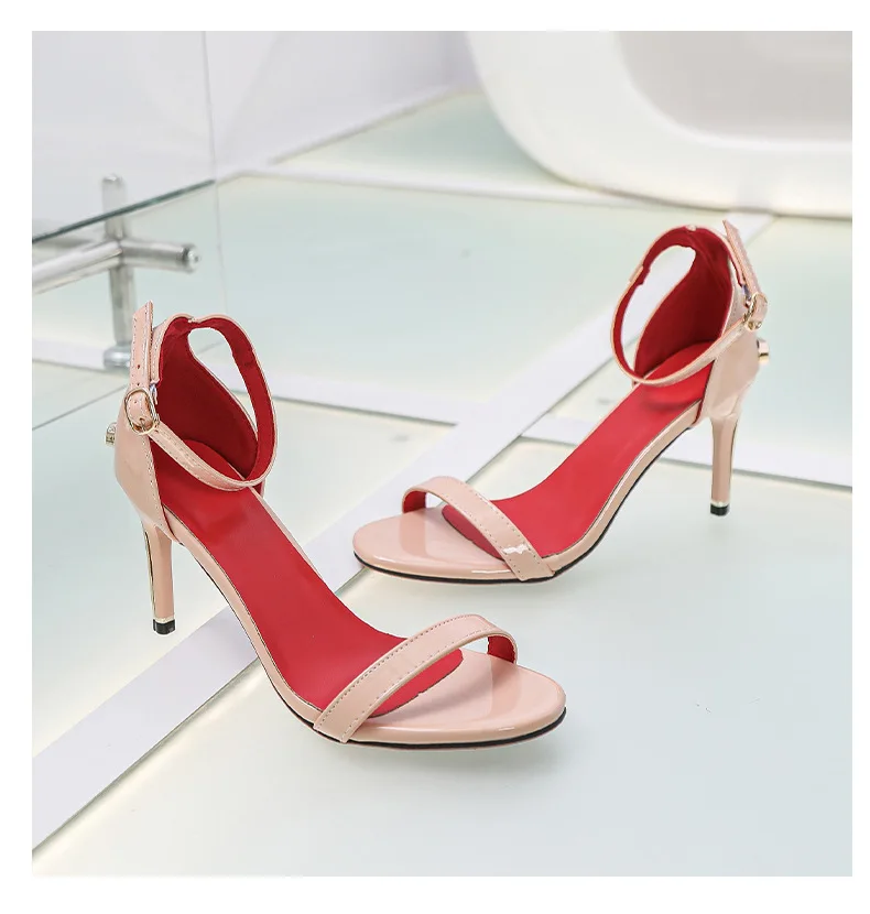Elegantes y Sensuales Sandalias de Tacón Alto de Charol, Zapatos de Tacón Fino de Diseñador de Lujo, Zapatos de Tacón Alto de Metal Dorado para Mujer