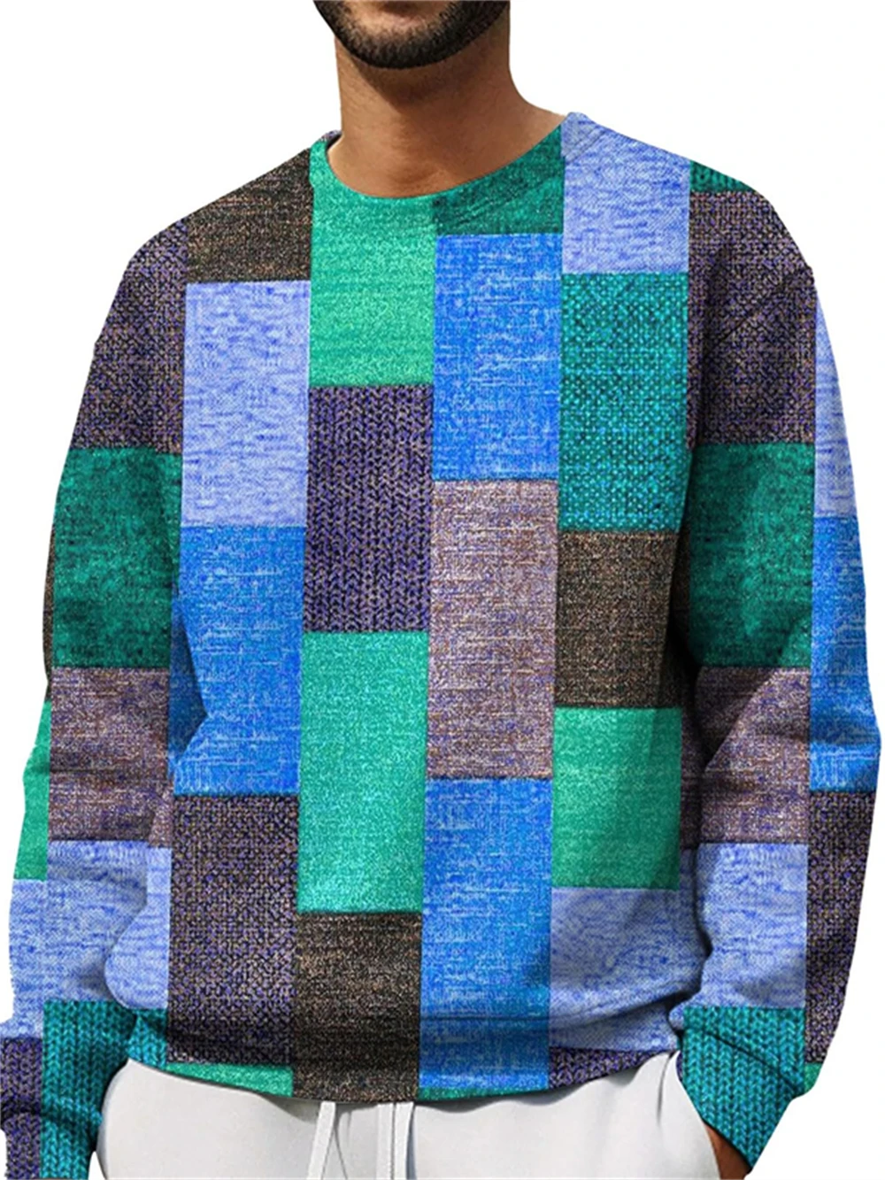 Classic Design Patchwork Pattern Sweatshirt For Men Round Neck Hoodies 3d Printing Polyester Loose Pullover Sweatshirts Tops