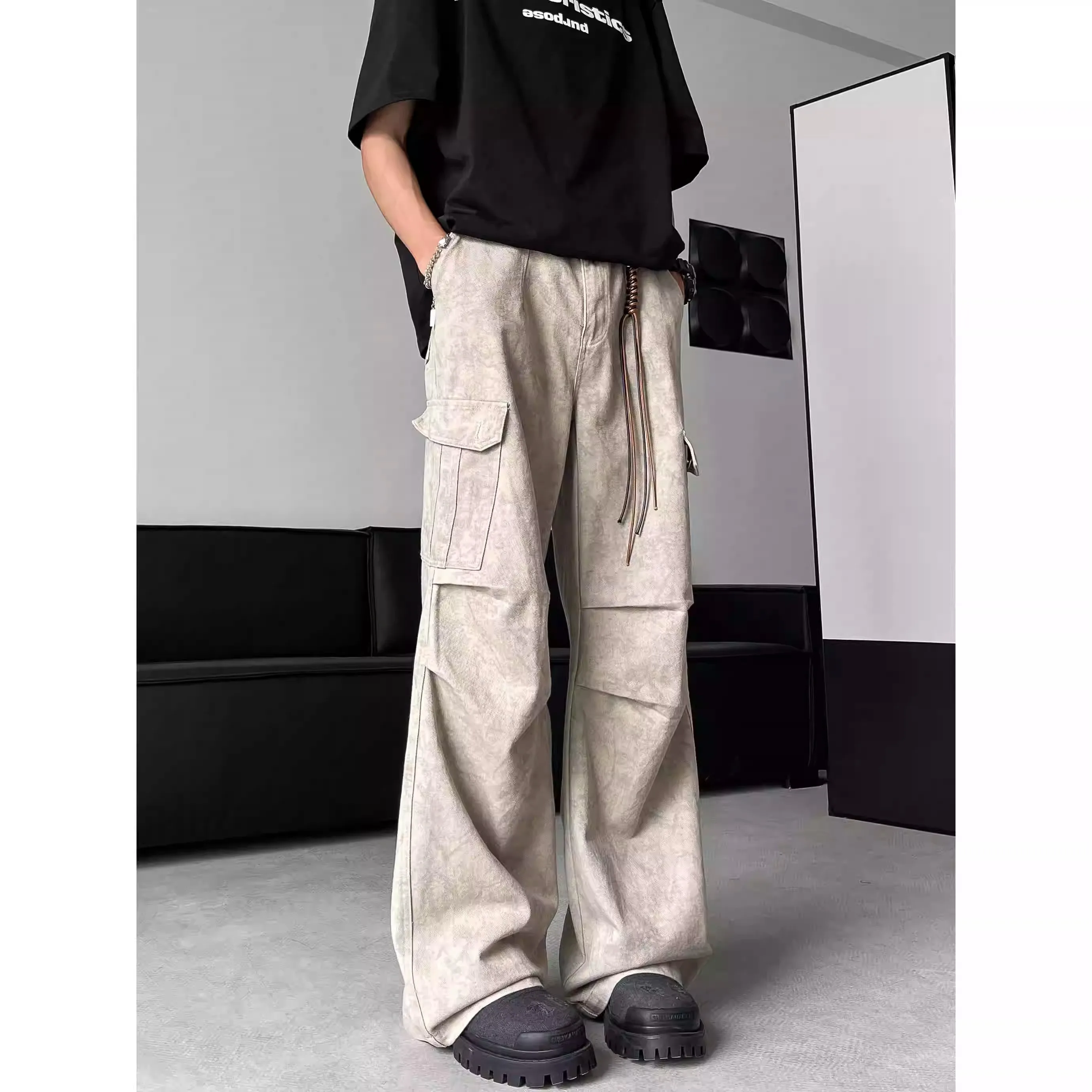 

Casual Straight Leg Workwear Jeans Men's Faion High Street Loose Fit American Sle Summer Jeans Marble Pattern Trousers