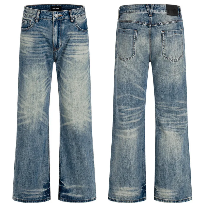 بنطال جينز رجالي للربيع والخريف عصري أمريكي كلاسيكي فضفاض غير رسمي مصنوع يدويًا، مغسول، مستقيم الساق من قماش الدنيم #6